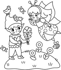 Vector black and white scene with elf giving fairy bug a bouquet. Funny line composition with girl. Cute scenery with magic princess, meadow. Fantasy scene illustration, coloring page