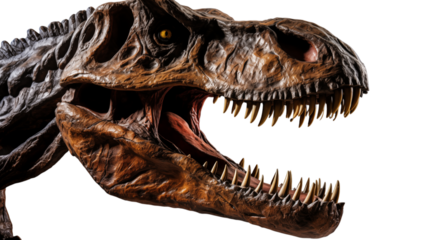 Close up of a dinosaur head with an open mouth and sharp teeth on  transparent background png