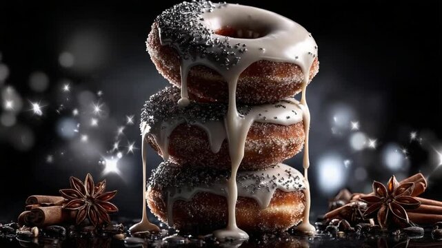 Three delicious, glazed donuts stacked together, dripping with icing and adorned with sprinkles. Surrounding them are cinnamon sticks and an elegant dark backdrop
