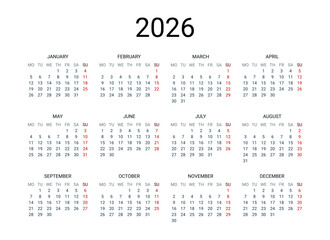 2026 year English calendar. Classical, minimalistic, simple design. White background. Vector Illustration. Week starts from Monday.