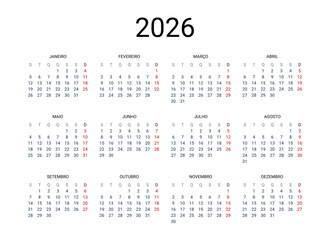 2026 year Portuguese calendar in Portuguese language. Classical, minimalistic, simple design. White background. Vector Illustration. Week starts from Monday.