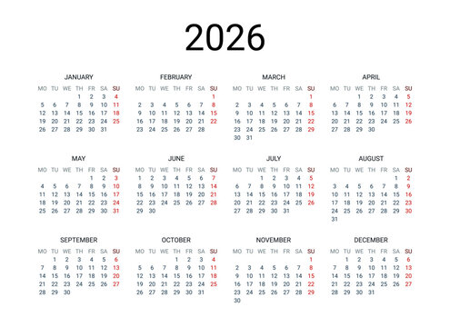 2026 year English calendar. Classical, minimalistic, simple design. White background. Vector Illustration. Week starts from Monday.