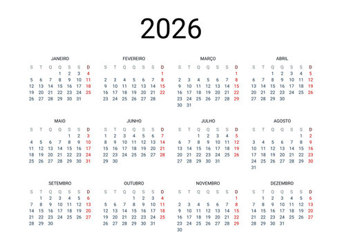 2026 year Portuguese calendar in Portuguese language. Classical, minimalistic, simple design. White background. Vector Illustration. Week starts from Monday.