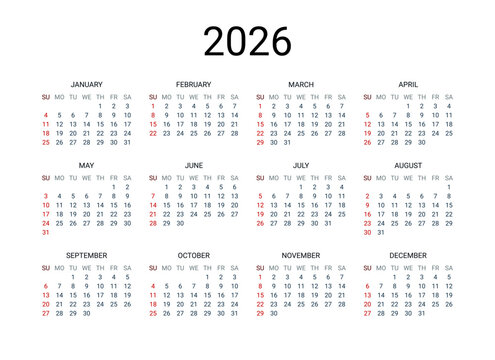 2026 year English calendar. Classical, minimalistic, simple design. White background. Vector Illustration. Week starts from Sunday.