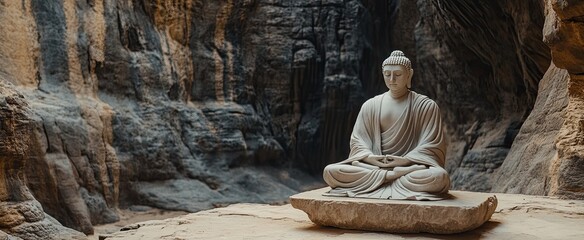 Stone buddha statue within a rocky cavern