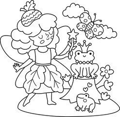 Vector black and white scene with acorn fairy, frog prince, butterfly. Line composition with girl. Cute scenery with magic princess with meadow. Fantasy scene illustration, coloring page
