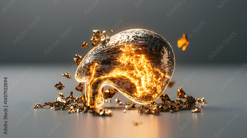 Poster glowing brain-like structure surrounded by golden flakes. visual representation of the brain's intri