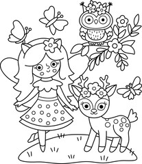 Vector black and white scene with animal fairy, owl, deer, butterfly. Line composition with girl. Cute scenery with magic princess with meadow. Fantasy fairytale illustration, coloring page
