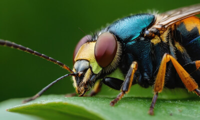 Naklejka premium A detailed view of a fly sitting on the surface of a leaf