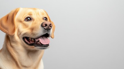 A cheerful Labrador Retriever dog with open mouth and tongue out, looking to the side, isolated on a light grey background, and portrait composition.