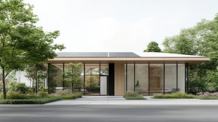 Fototapeta premium Modern sustainable office building with glass facade and solar panels