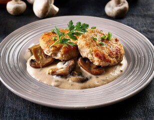shempeon chicken cutlets perfectly cooked topped with sliced mushrooms and rich cream sauce elegantly plated
