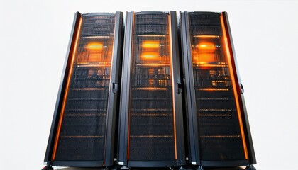 modern server tower with sleek design and glowing orange accents for tech enthusiasts white background