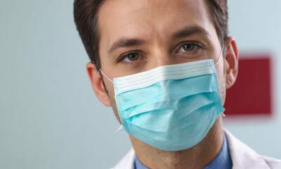 A scientist working in a laboratory setting, wearing a lab coat and surgical mask for protection