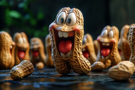 Playful peanuts with exaggerated expressions
