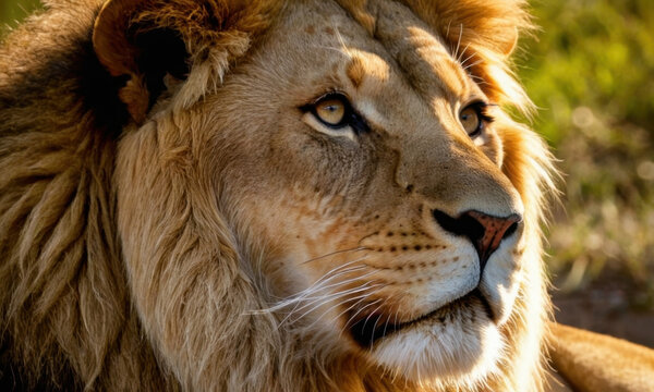 A close-up image of a lion's face with a blurred background, ideal for use in wildlife or animal-themed projects