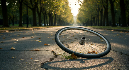 Bicycle Wheel On Asphalt Path In A Park In Autumn Season