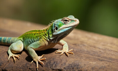Obraz premium A lizard perched on top of a wooden log, in a natural setting