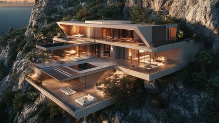 Fototapeta premium Luxury home on the edge of a steep cliff, with spacious terraces and sleek architecture, background wallpaper AI generated image