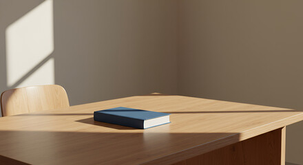 Blue Book Resting On Wooden Table Bathed In Warm Sunlight