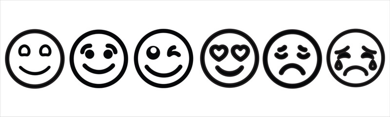 A series of six simple black and white emoticons, representing a range of emotions: a shy smiley, a happy smiley, a wink, a love-struck face with heart eyes, a sad face, and a crying face.