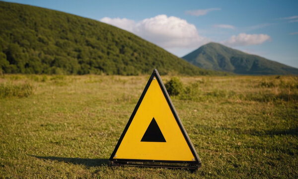A bright yellow triangular sign sits on top of a lush green grassy field, perfect for directing attention to a point or marking a boundary