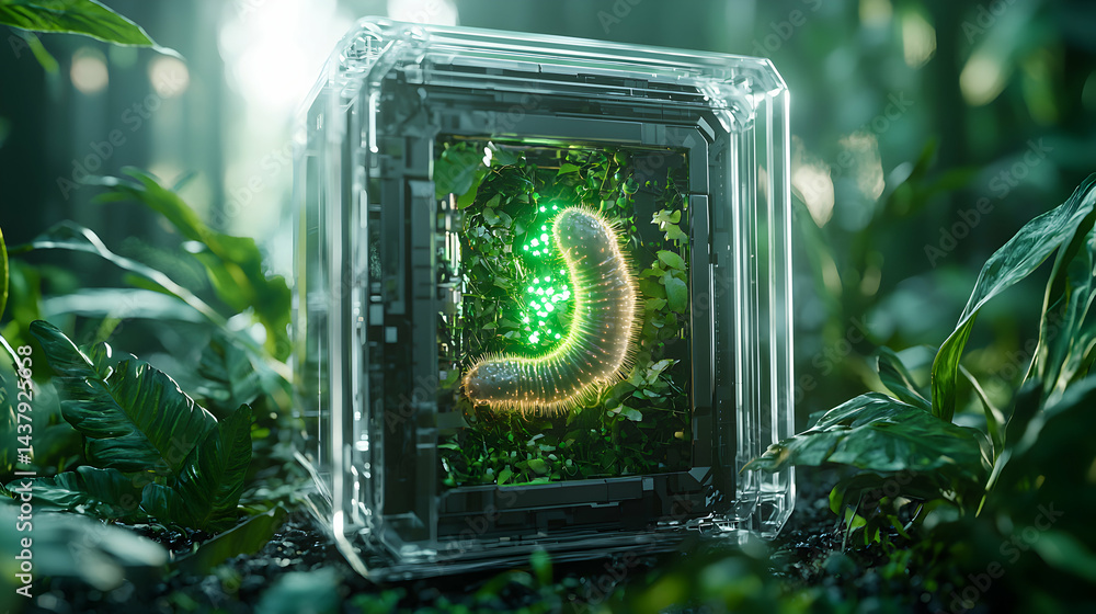 Poster a glowing worm inside a futuristic cube. the image blends nature with technology suggesting a sci-fi