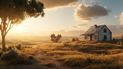 Fototapeta premium A weathered farmhouse sits atop a golden hill at sunset. Lush greenery surrounds the old structure