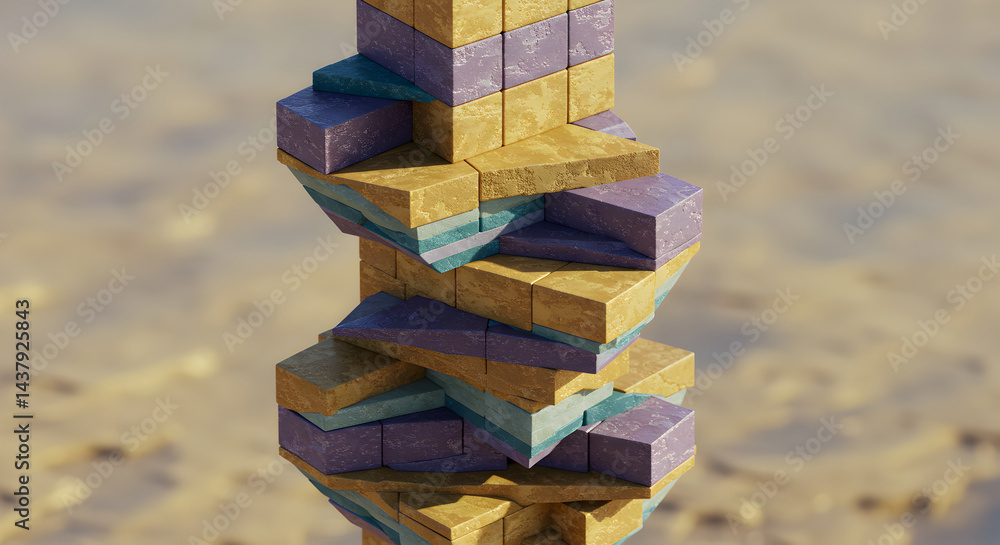 Poster abstract tower constructed with variegated stone blocks against soft gradient background