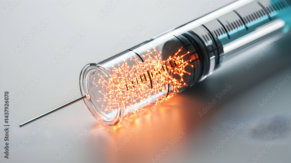 Poster an artistic image of a syringe filled with glowing interconnected particles symbolizing innovation. 