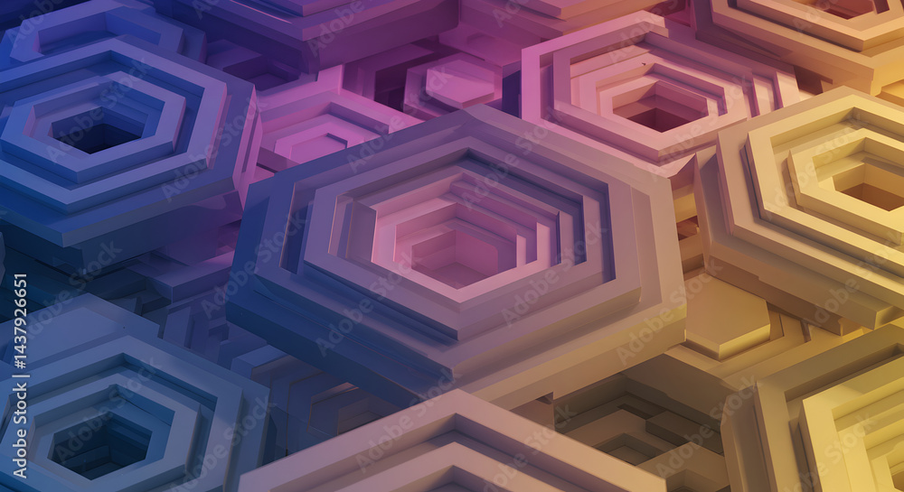 Poster abstract geometric background with layered hexagons in pastel color gradient