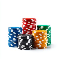 Assorted stacks of gambling chips in various colors isolated against a white backdrop