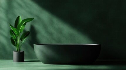 Modern, minimalist bathroom scene with a dark green bathtub and plant. Sunlight casts shadows on the wall