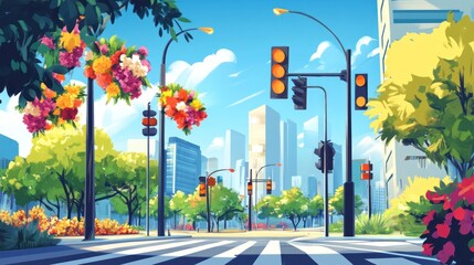 City street flowers crosswalk sunny day background