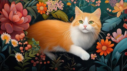 Red cat enjoying a peaceful walk in a flower-filled backyard, vibrant colors and friendly vibe