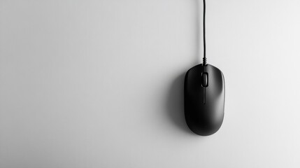 Black wired computer mouse hanging against a white background.