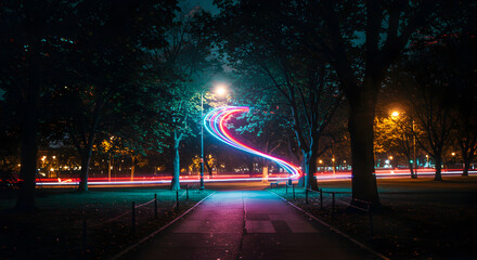 Dynamic Trails of Light Weaving Through a Park Avenue at Night