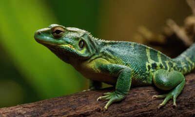 A green lizard perched on top of a tree branch, natural setting