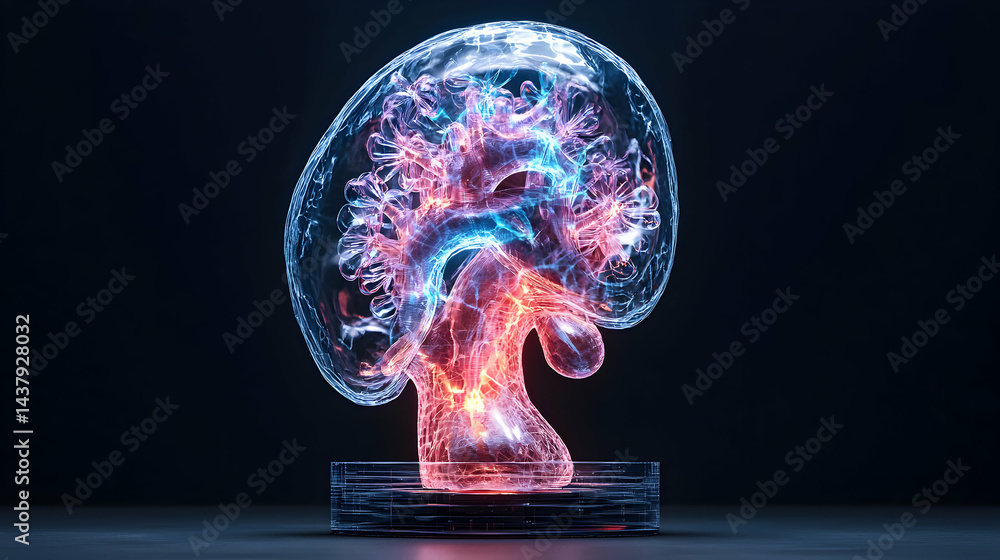 Poster a futuristic abstract representation of a heart. the visualization highlights internal structures wi