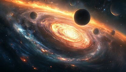 A vibrant swirling vortex of colors and shapes, symbolizing the dynamic energy flow of a black hole, with visible planets and stars being drawn into its gravitational pull.