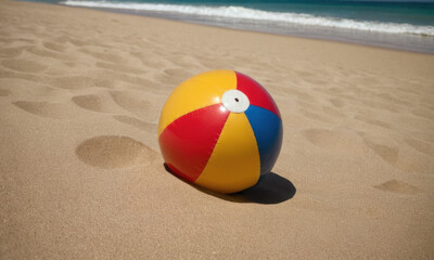 A colorful beach ball lies on a sunny sandy beach near the ocean, perfect for a fun day out