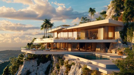 A contemporary mansion situated on a steep rock face, with expansive terraces. background wallpaper AI generated image