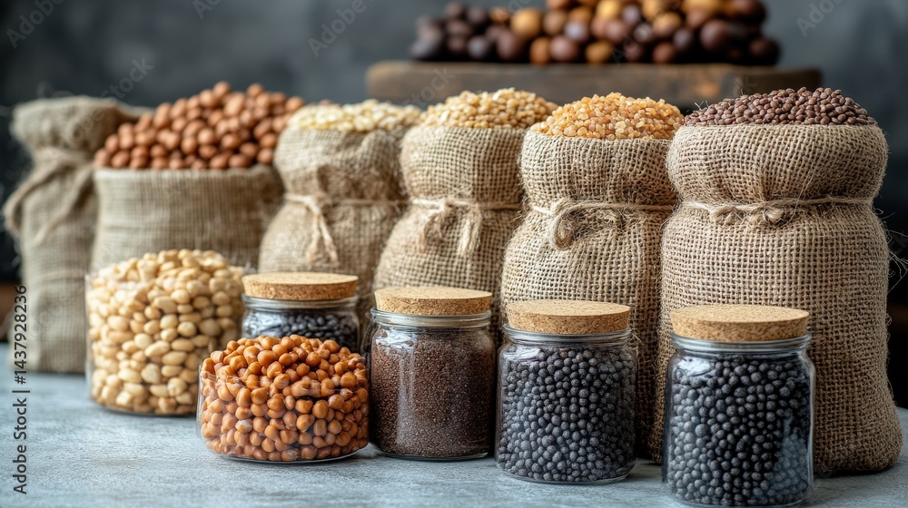 Aufkleber assorted grains and legumes in burlap sacks and jars on a rustic table with wooden backdrop