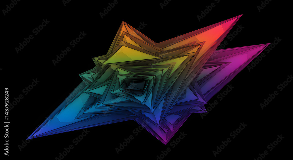 Poster abstract geometric forms radiating chromatic gradient on stark black backdrop