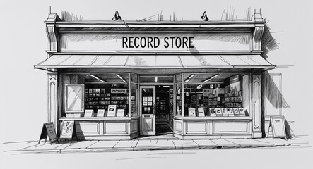 Classic record store shop building design in sketch hand drawing black and white on plain white background