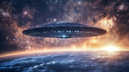 Obraz premium A huge alien ship floating above Earth, surrounded by a vast starry sky, background wallpaper AI generated image