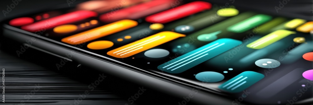 Poster Smartphone Displaying Vibrant Chat User Interface Showcasing Diverse Message Bubbles in an Indoor Setting