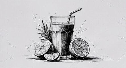 Cold pressed juice drink design in sketch hand drawing black and white on plain white background