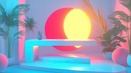 Modern, vibrant, pastel interior scene with tropical plants