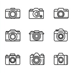 Nine camera icons; photography equipment; white background; website design